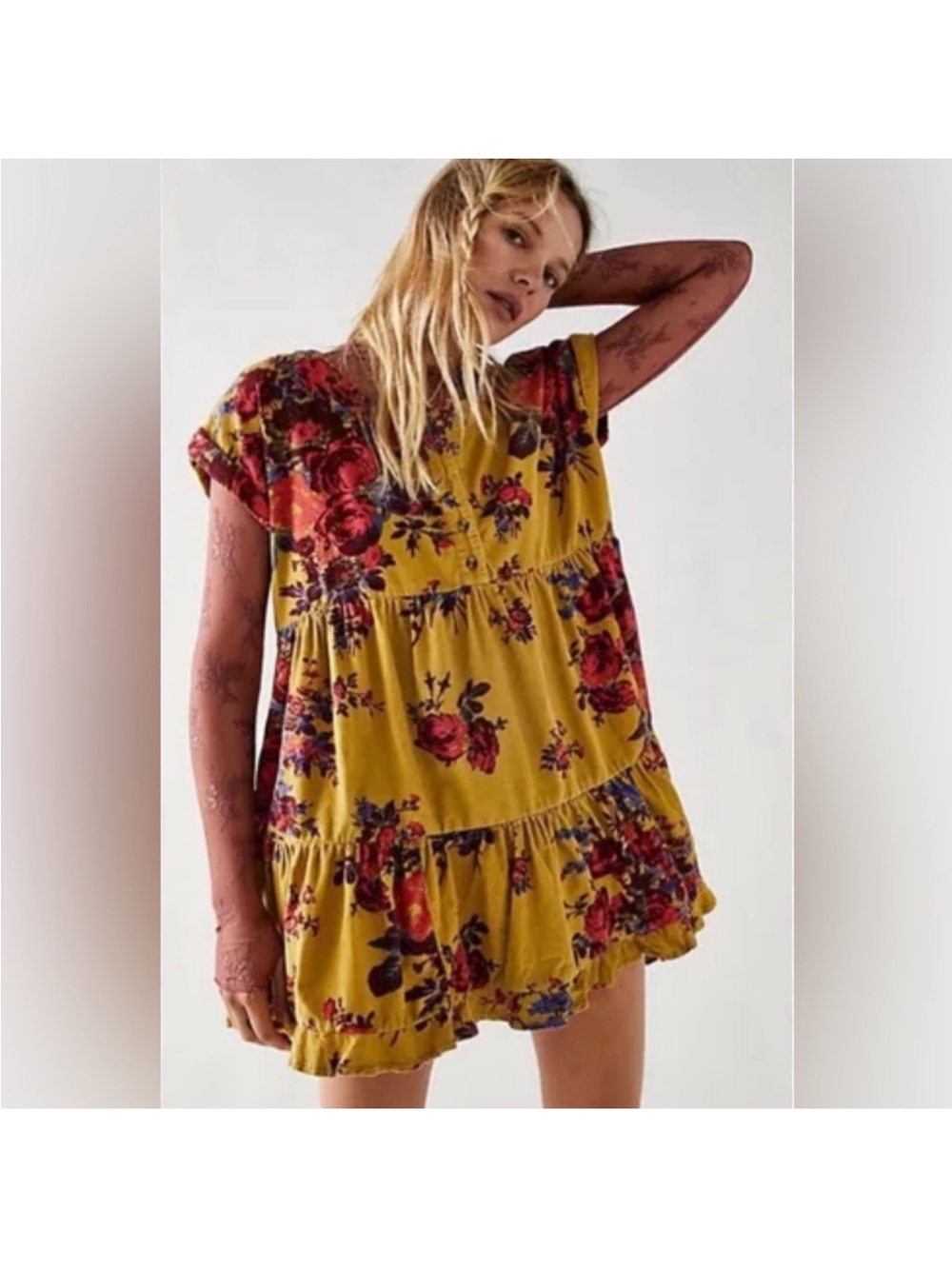 Free People Mustard Floral Mini Dress with Red & Blue Accents